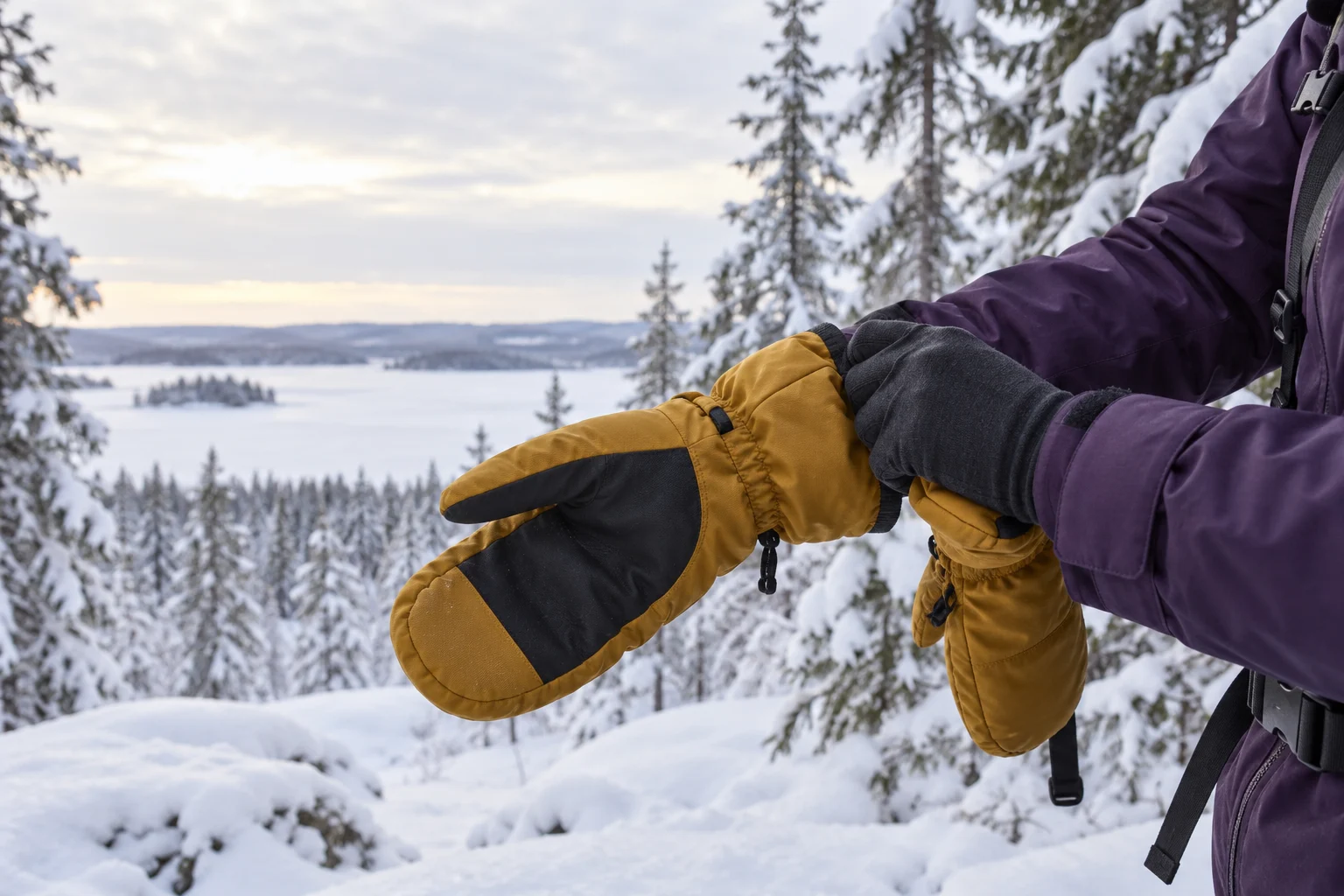 Närbild på en vintervandrares händer i tunna innerhandskar som drar på stora ockragula tumvantar i en snöig granskog, med mörklila skalärmar