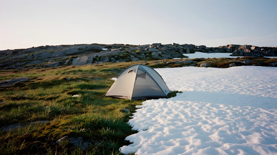 Samma tältplats där sensommargrönska möter vinterlig snö på marken, som illustrerar skillnaden mellan 3- och 4-säsongstält
