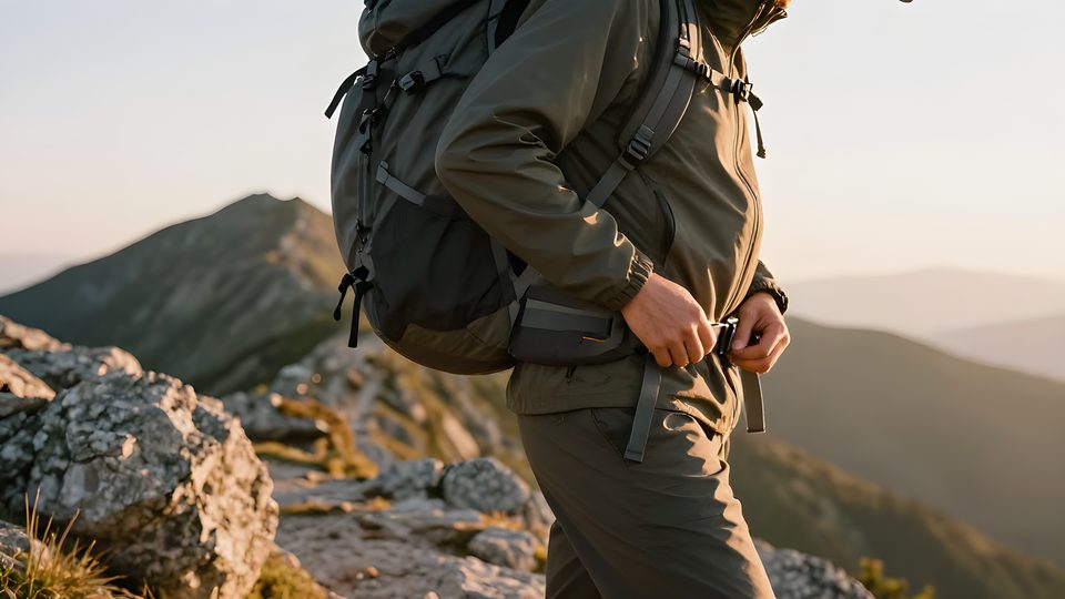 Vandrare i fjällterräng justerar höftbältet på en fullpackad ryggsäck.