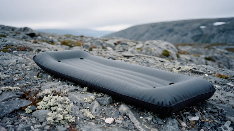 Uppblåsbart liggunderlag utrullat på ojämn fjällmark med stenar och grus