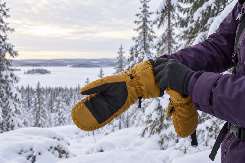 Närbild på en vintervandrares händer i tunna innerhandskar som drar på stora ockragula tumvantar i en snöig granskog, med mörklila skalärmar