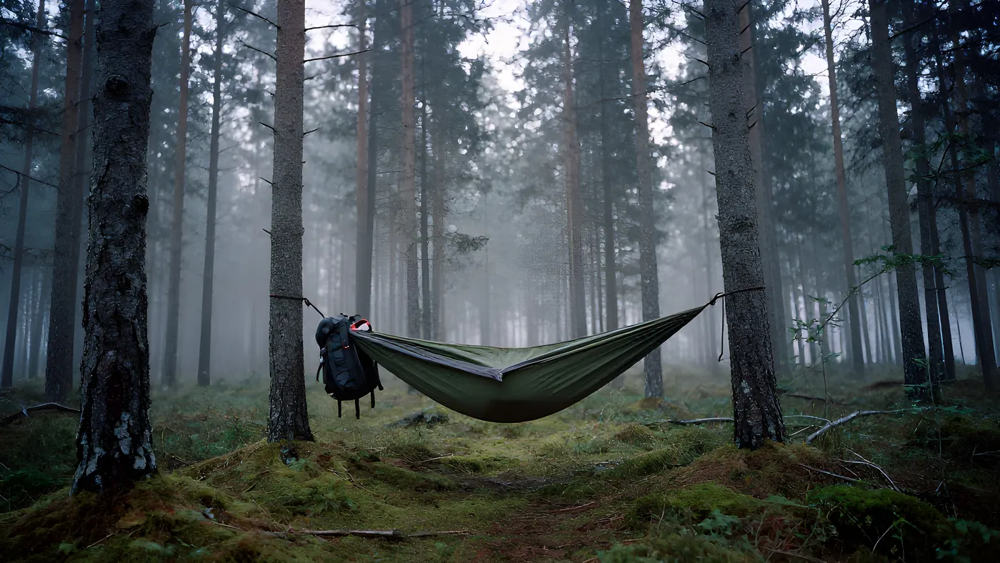 Camping-hängmatta uppspänd mellan två tallar i svensk barrskog i disigt morgonljus