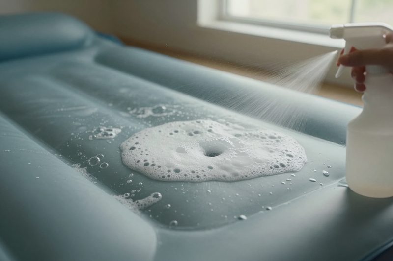 Diskmedelslösning sprayad på ett liggunderlag bildar skumbubblor vid ett litet hål