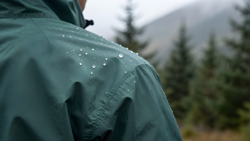 Vattendroppar som pärlar på en skaljackas yta i lätt regn, skog suddig i bakgrunden.