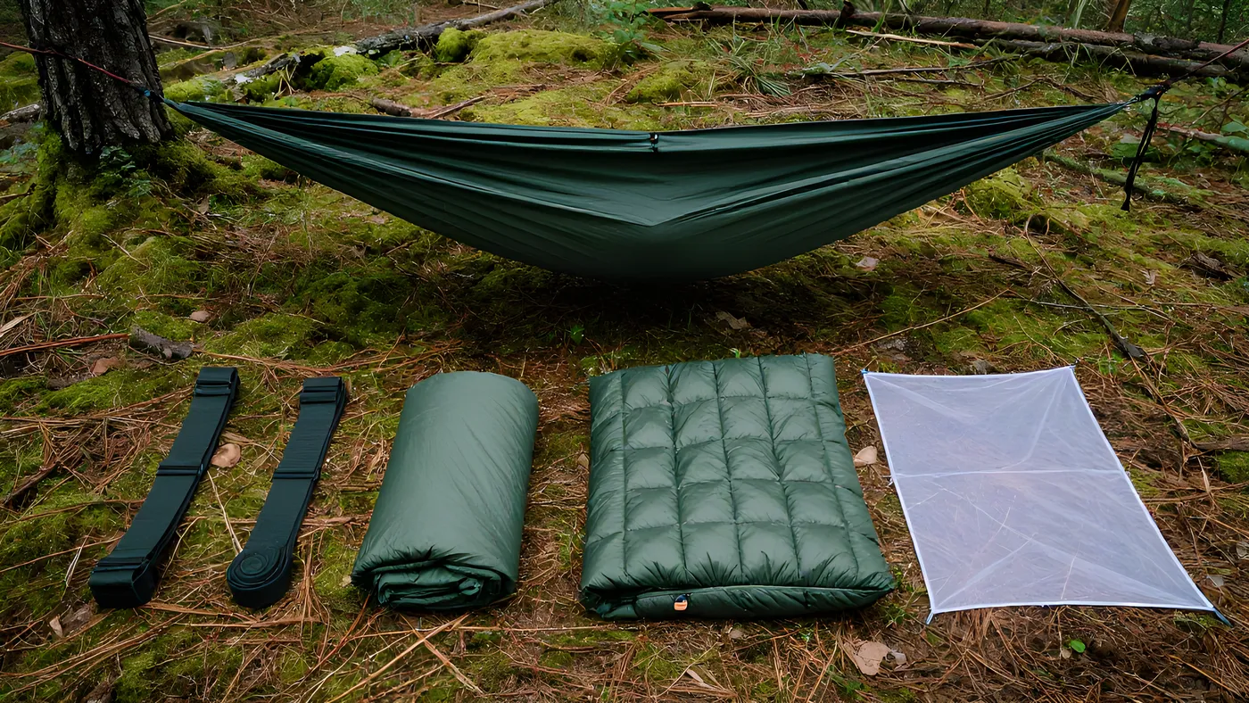 Ett komplett hängmattsystem uppdukat på skogsmark med hängmatta, upphängningsband, tarp, underkvilt och myggnät