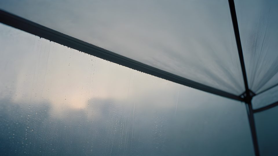Kondensdroppar som bildas och rinner nedför insidan av ett tälts yttertak i gryningsljus