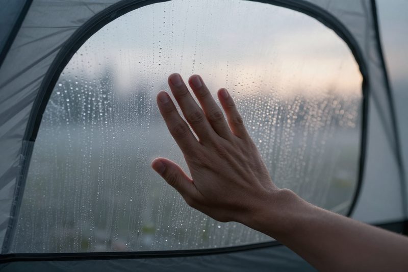 En hand som torkar bort kondensdroppar fran insidan av ett talts fuktiga duk en gra morgon