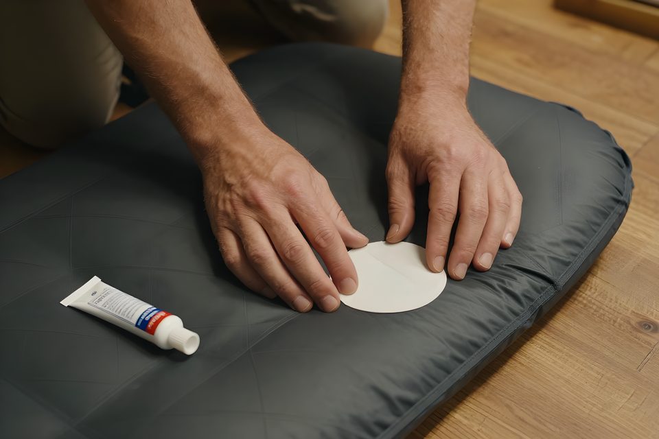 Händer som pressar fast en rund lagningslapp på ett uppblåsbart liggunderlag med reparationskit bredvid