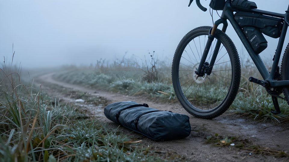 Ett hoppackat ultralätt liggunderlag i packpåse bredvid en bikepackingcykel i gryningsdimma