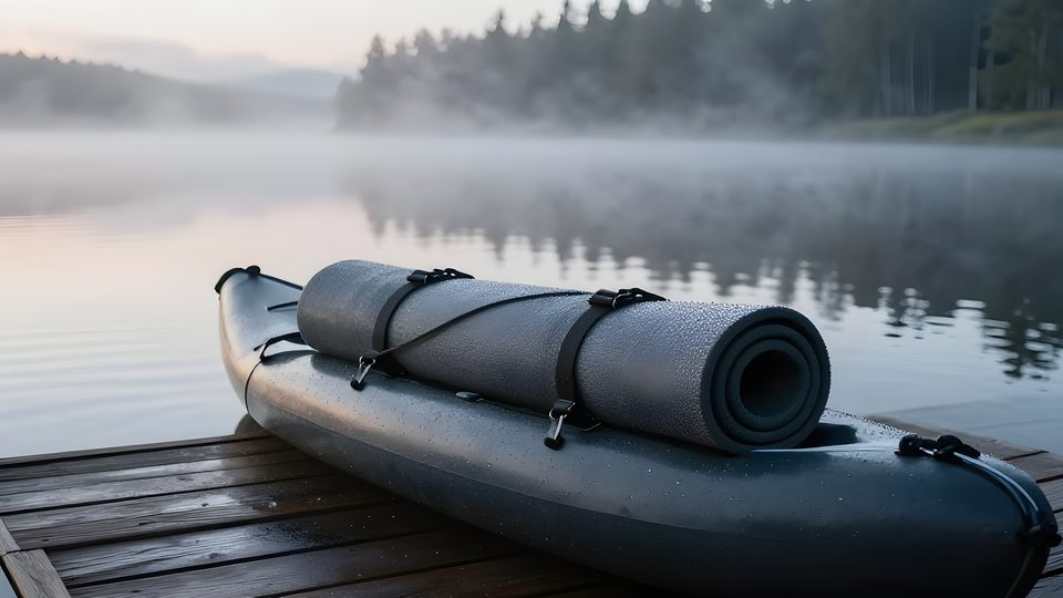 Ett hopsurrat liggunderlag på en packraft vid vattenbrynet i morgondis