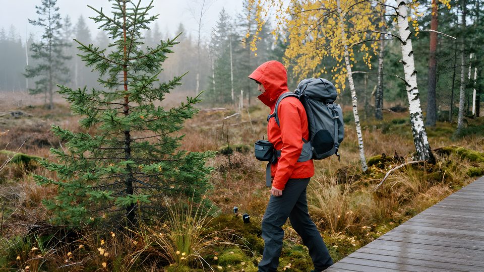 Vandrare i rödorange regnjacka på en spång vid en myrkant i svensk barrskog i höstdis och duggregn, med en liten mörk midjeväska vid höften och en grå dagsryggsäck på ryggen