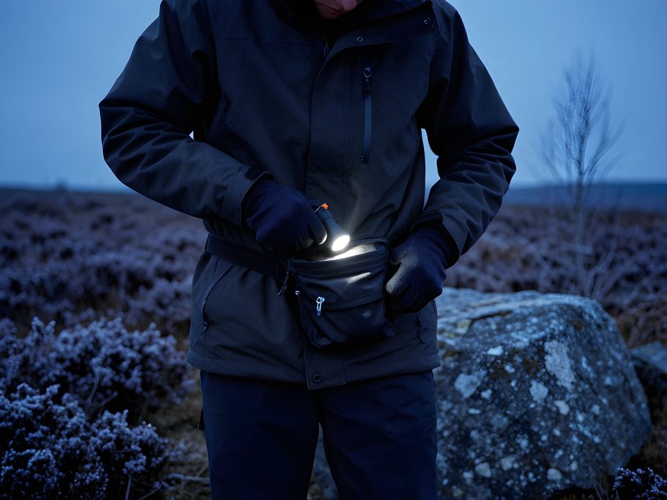 Person i mörk vinterjacka tar upp en ficklampa ur en midjeväska som bärs utanpå jackan, med tunna handskar, i blått novemberskymningsljus bland rimfrostig ljung och sten