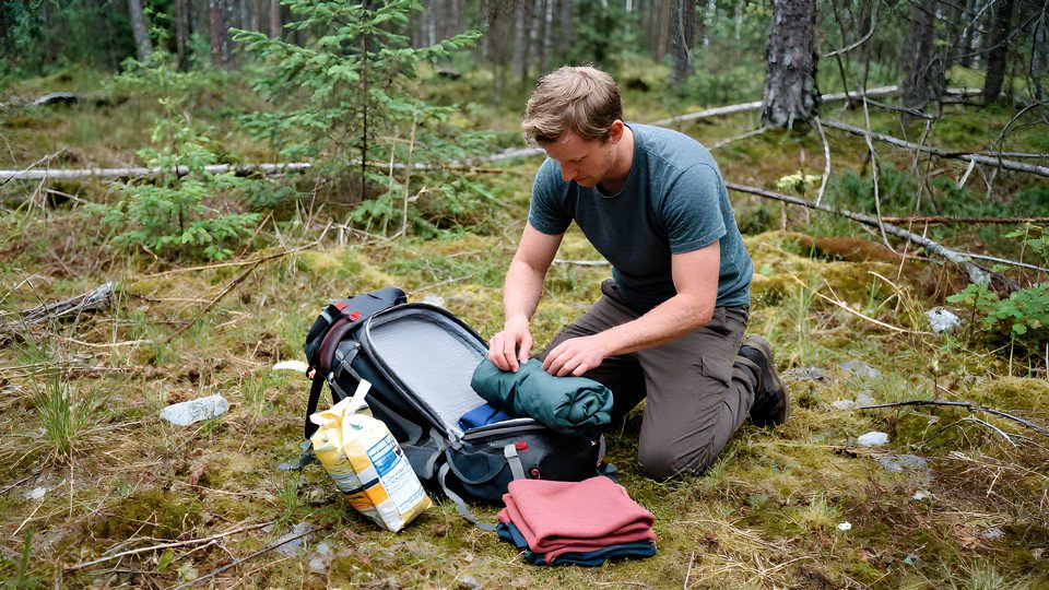 Vandrare packar en vandringsryggsäck vid rastplats i svensk natur, utrustning uppradad bredvid.