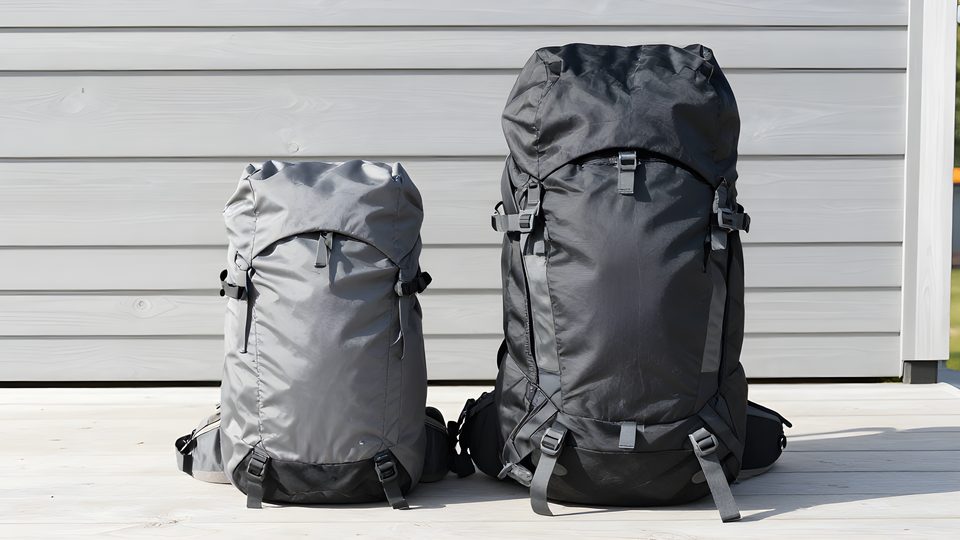 En dagsryggsäck på 25 liter och en fjällryggsäck på 65 liter uppradade bredvid varandra, packade och redo, för att visa storleksskillnaden i praktiken.