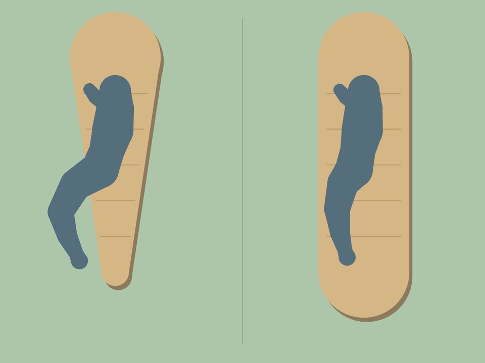 Illustration ovanifrån som visar en sidsovare i fosterställning: på mumieformat liggunderlag hamnar knä och fot utanför den smala avsmalnande kanten, på rektangulärt liggunderlag ryms hela kroppen innanför