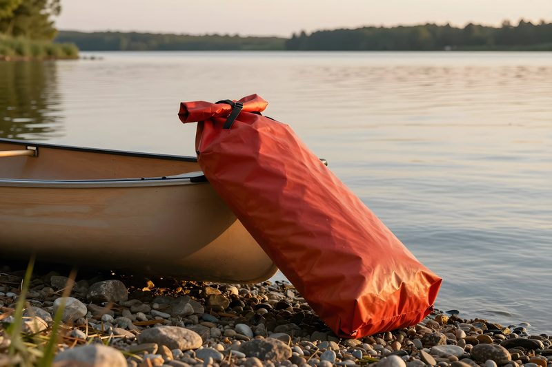 En lagom stor vattentät packpåse för sovsäcken intill en kanot vid vattnet