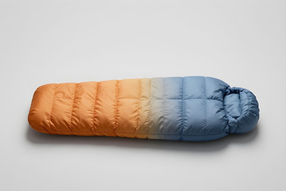 Illustration av en sovsäck och dess temperaturrating enligt ISO 23537, med gradient från varmt orange till svalt blått