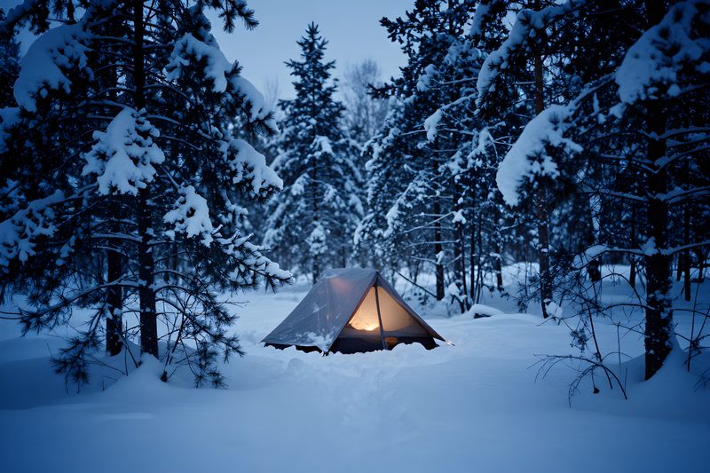 Vinterläger i snötäckt skandinavisk terräng i blå timme
