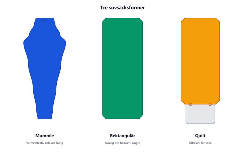 J?mf?relse av tre sovs?cksformer i profil: mummie som smalnar av mot f?tterna, rektangul?r med j?mn bredd, och quilt som ett draperat t?cke ovanp? ett liggunderlag