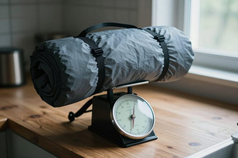 Ett hopvikt vandringstalt i sin packpase pa en koksvag, narbild som visar vagning av taltets vikt