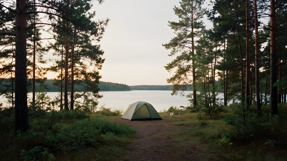 Ett ensamt tält uppställt en bit från skog och sjö i svensk natur, i enlighet med allemansrätten