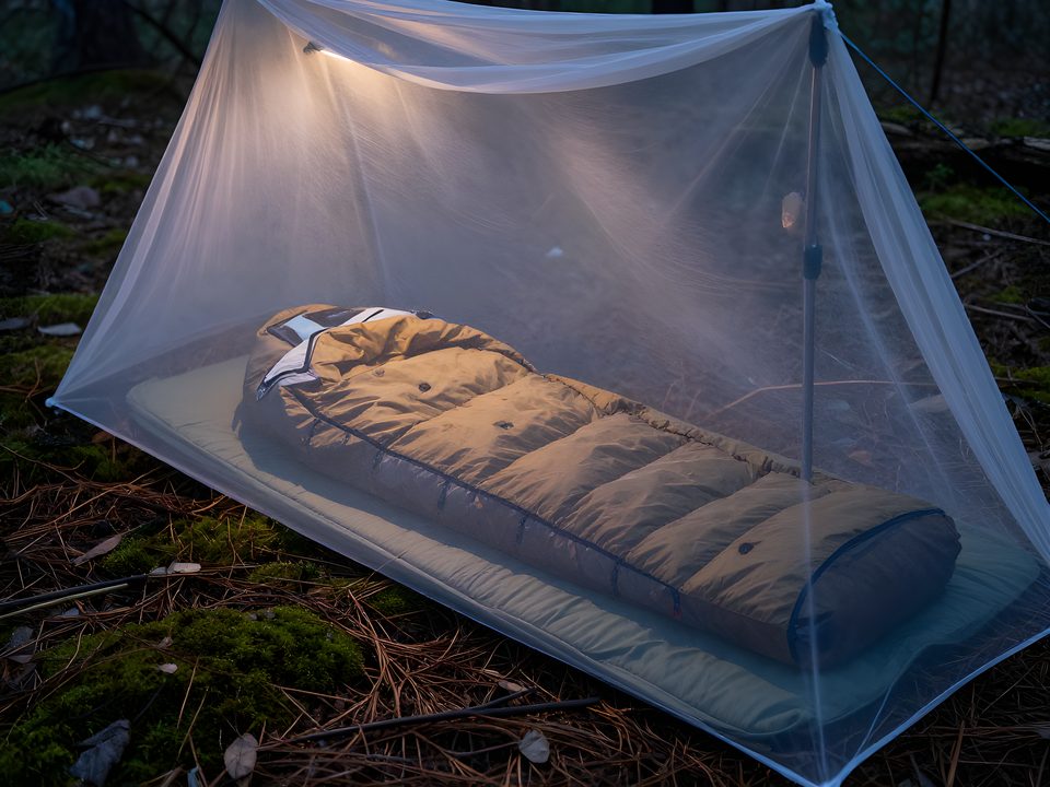 Bug bivy, en heltäckande nätpåse runt sovsäck och liggunderlag, under en tarp