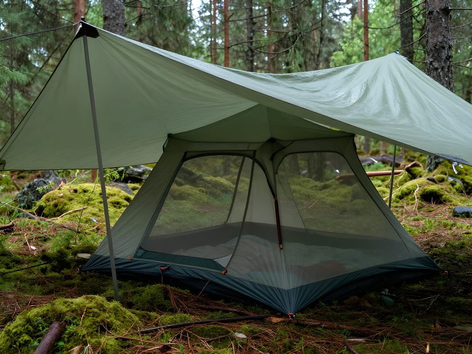 Fristående myggtält med eget golv rest under en tarp i skog