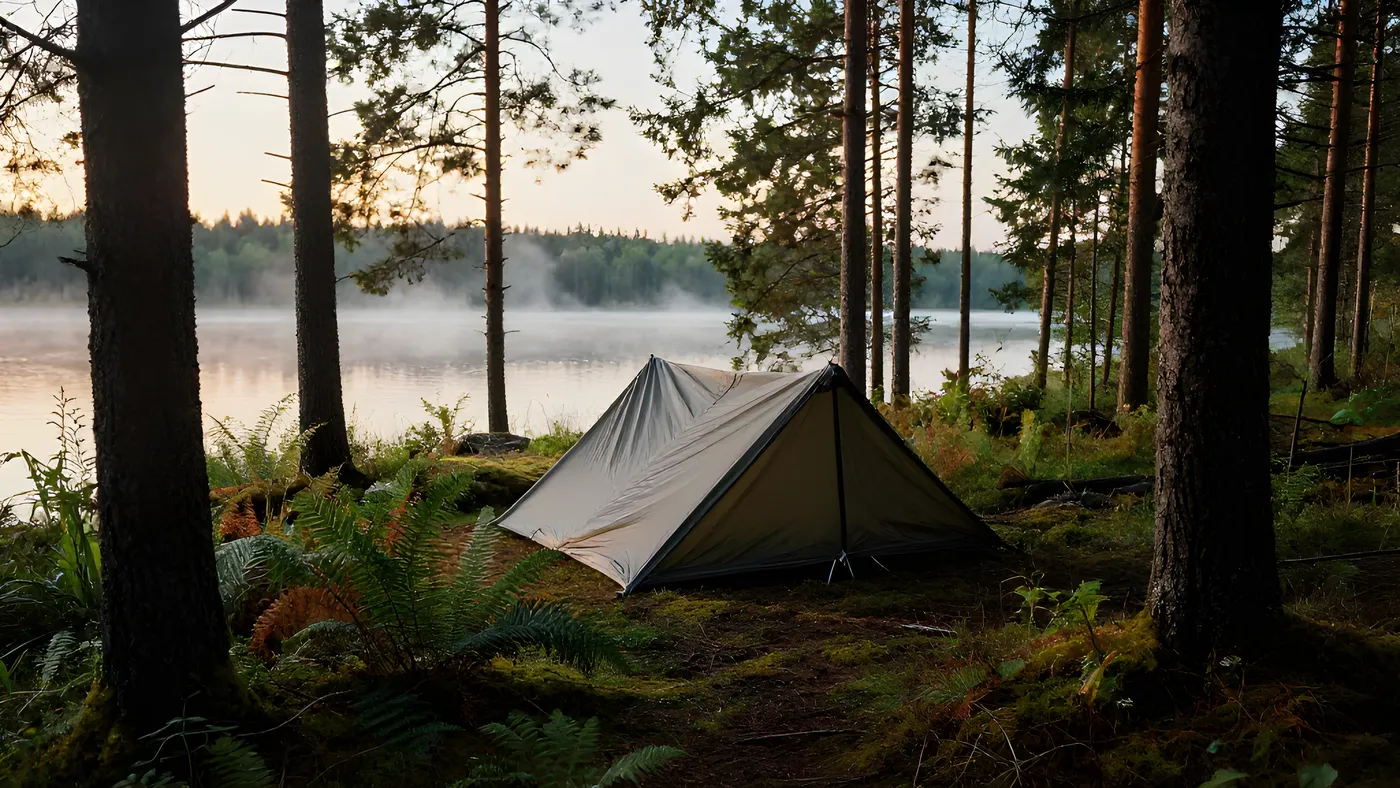 Marktarp pitchad i fuktig granskog nära vatten under svensk högsommarkväll, med ett fristående myggtält synligt under duken