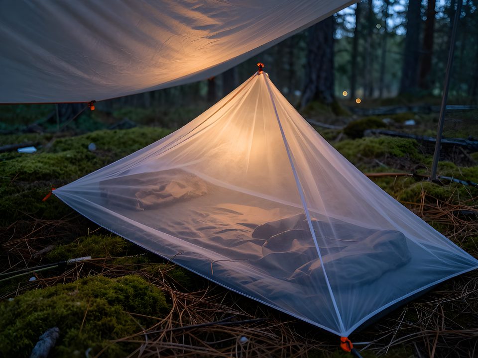 Myggnät som komplement under en tarp för att stänga ute knott och mygg