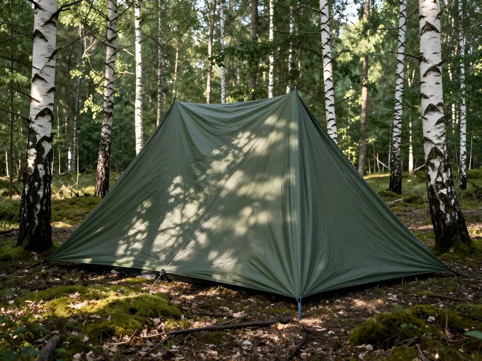 En A-form-pitchad tarp mellan två björkar i svensk skog