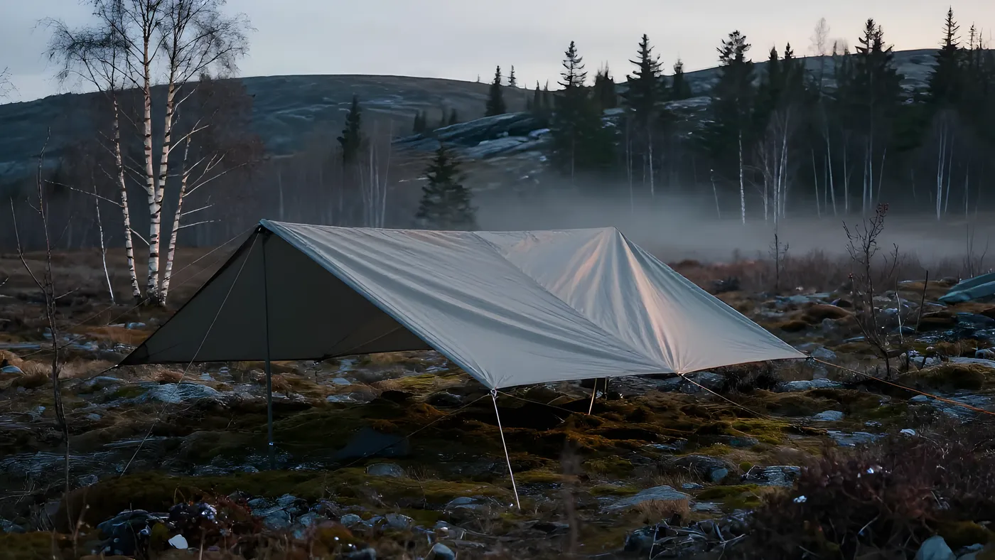 Tarp pitchad i svensk fjällnära terräng med skog i bakgrunden, spänd mellan förankringspunkter i kvällsljus