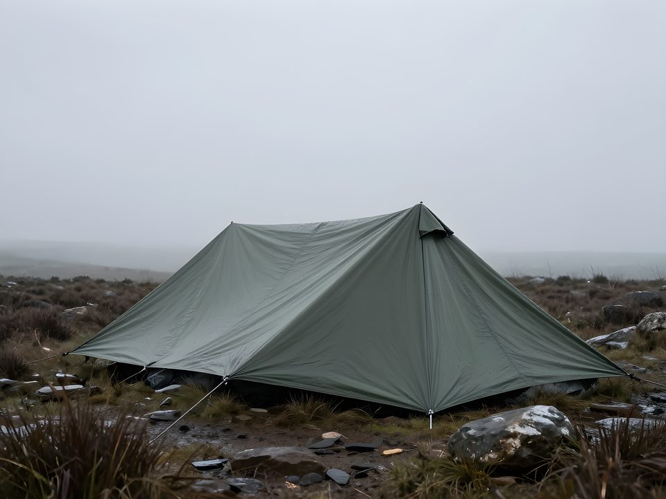 Lågt stormpitchad tarp med kanterna nedspända nära marken
