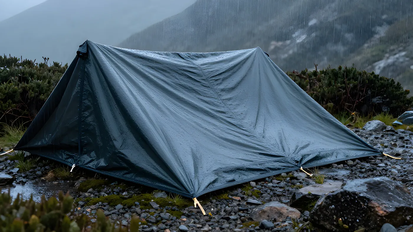 En tarp pitchad lågt och tätt mot marken i regn och fjällvind
