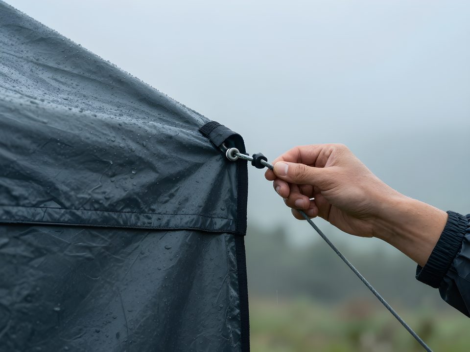 En hand efterspänner en guyline på en blöt tarp i regn