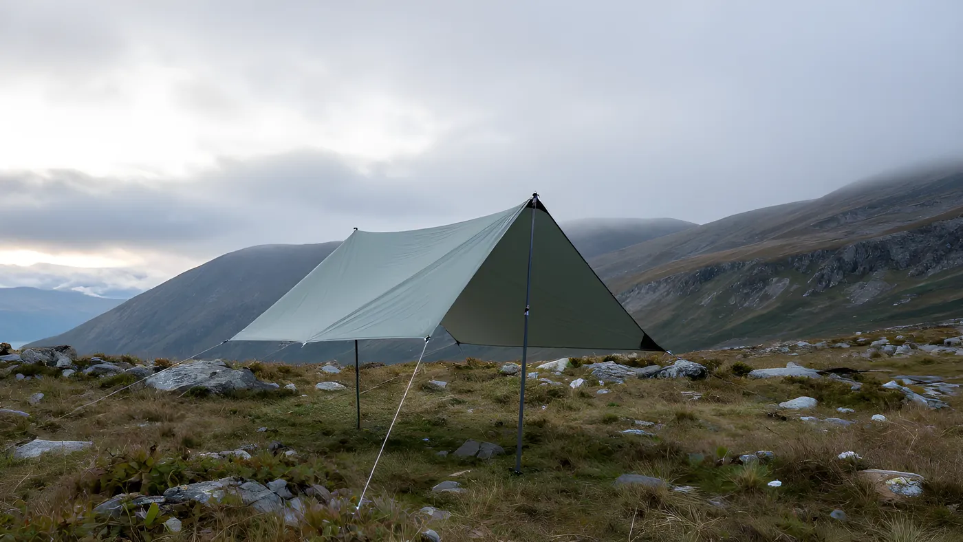 Tarp rest med en vandringsstav som centrumstöd på öppen fjällmark utan träd