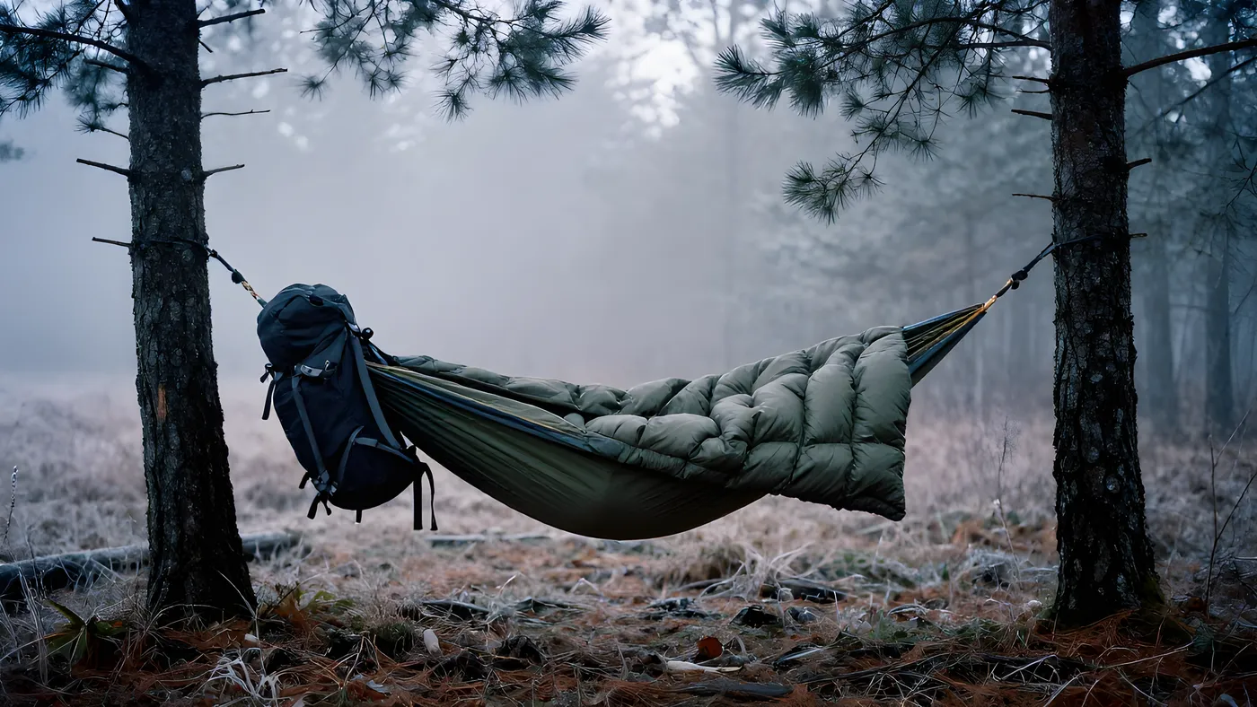 Hängmatta med en tjock underkvilt hängande utanpå undersidan en kall disig morgon i skogen