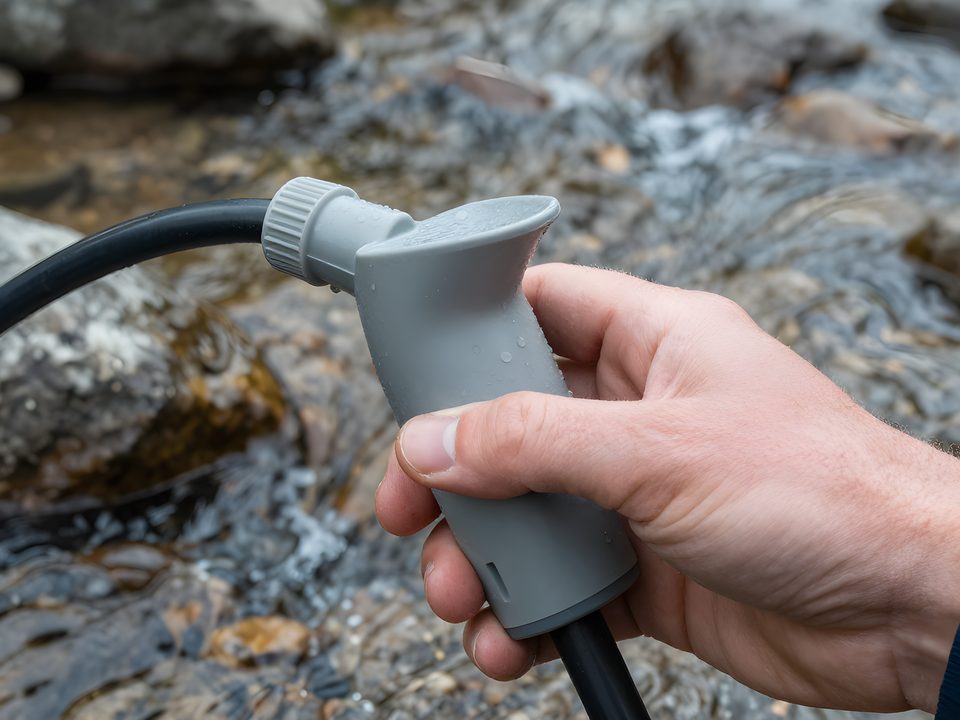 Närbild på ett pumpfilter i handen vid vattenbrynet med vattendroppar på höljet